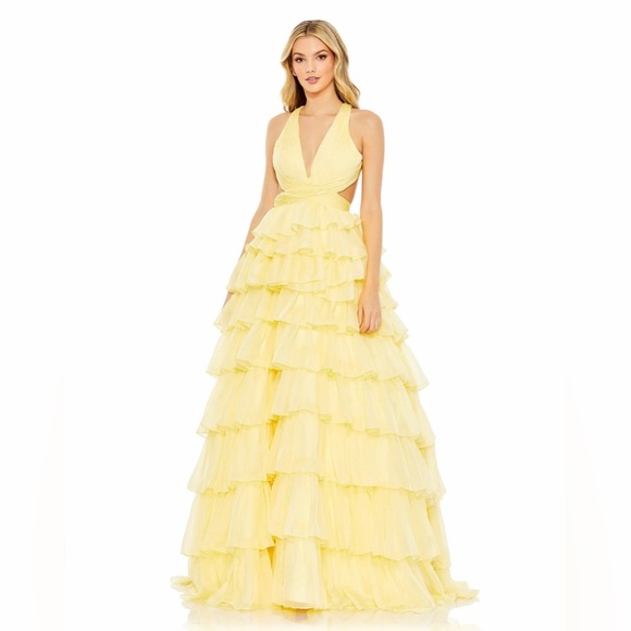Mac Duggal 67988 Yellow Chiffon Halter Tiered Gown with Plunge Neckline, size 16 - Picture 1 of 7